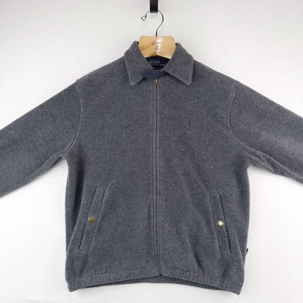 90's Vtg Polo Ralph Lauren Men's S Fleece Chin Strap Harrington Jacket Gray